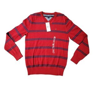 NEW Men's Tommy Hilfiger Red and Navy Blue Stripes V-neck Light Sweater‎
